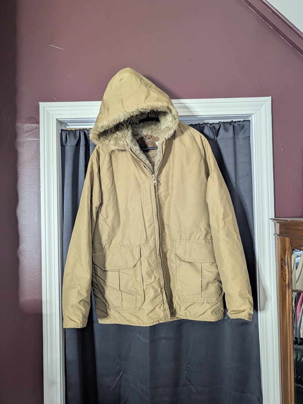WOOLRICH Vintage Made In USA Khaki Fur Lined Hooded Zip-up Parka Coat L